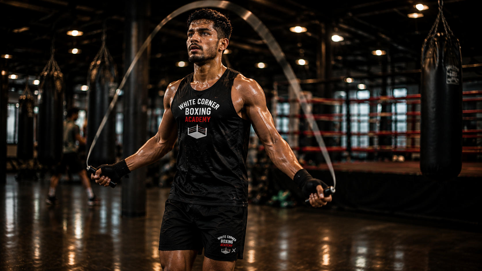 Boxer skipping rope as part of endurance and conditioning training at a boxing gym in Bangalore