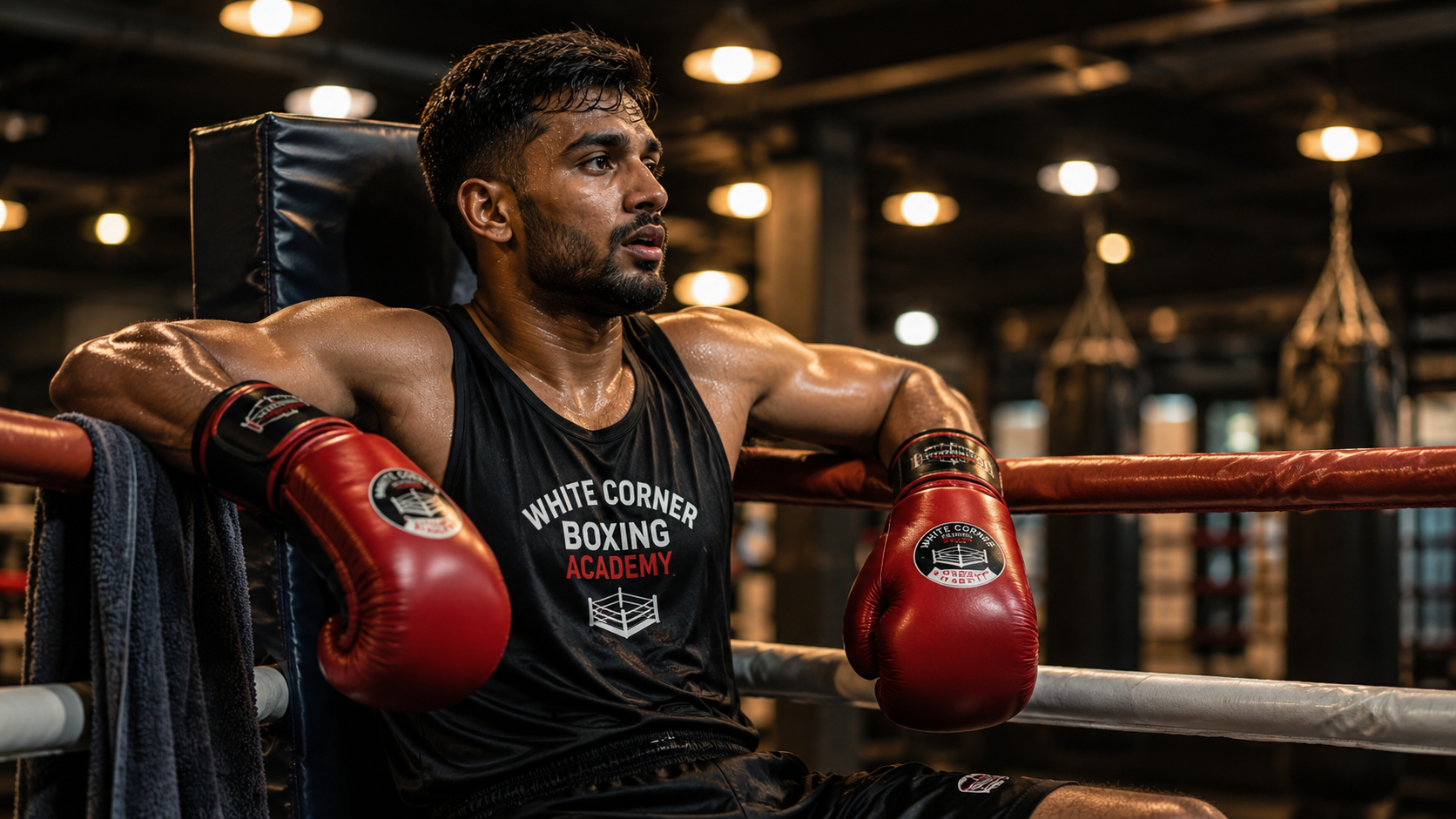Boxer controlling breathing and recovering between rounds during endurance training in Bangalore