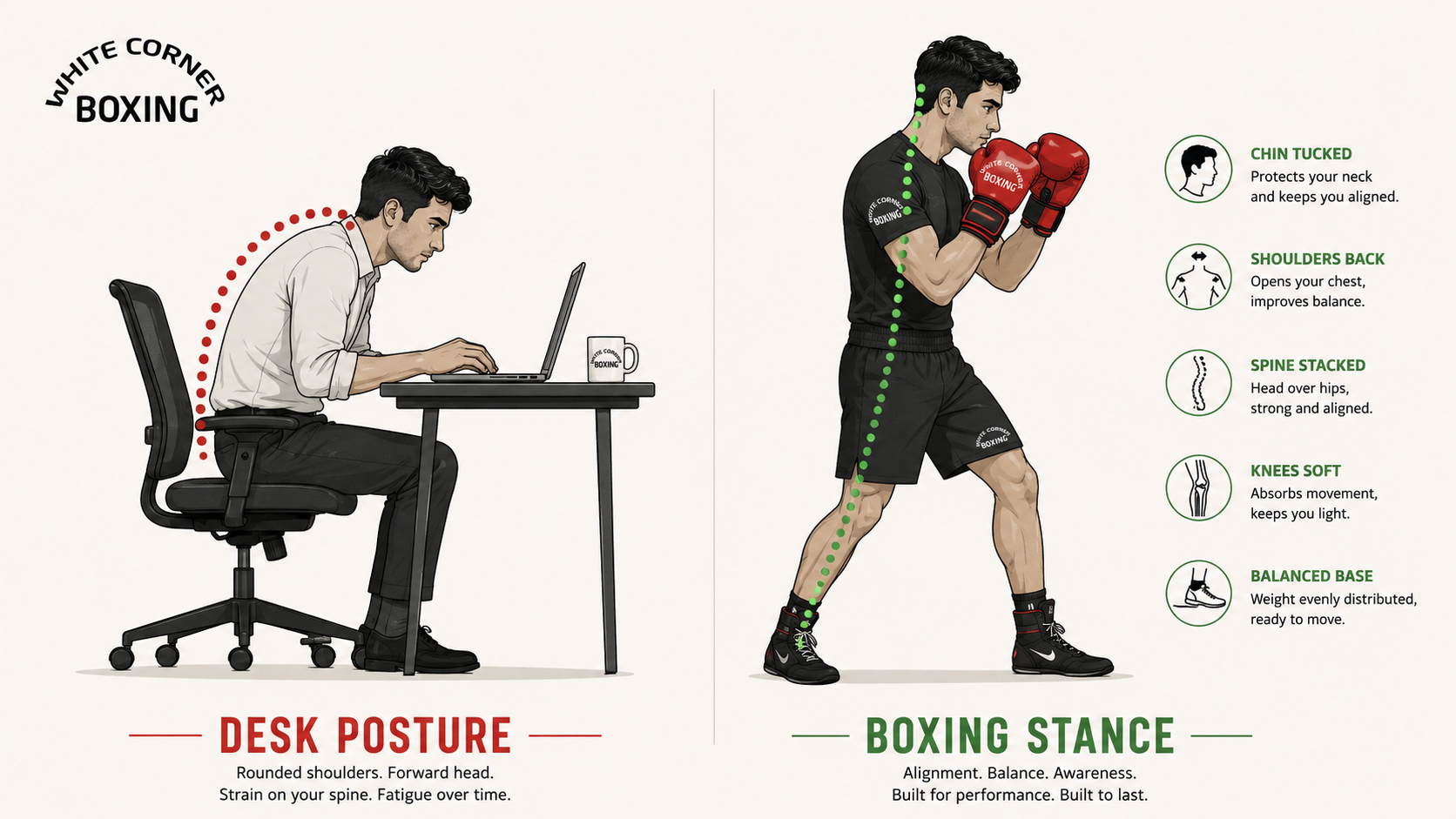Side-by-side comparison of slouched desk posture and upright boxing stance showing spinal alignment