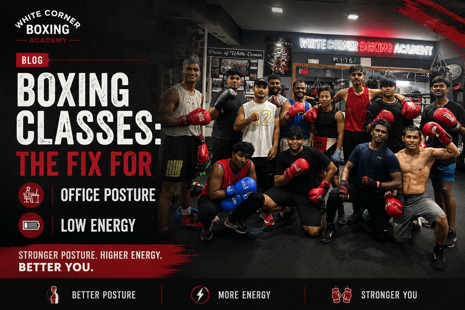 Group boxing class in Bangalore with office professionals training in proper stance at White Corner Boxing Academy