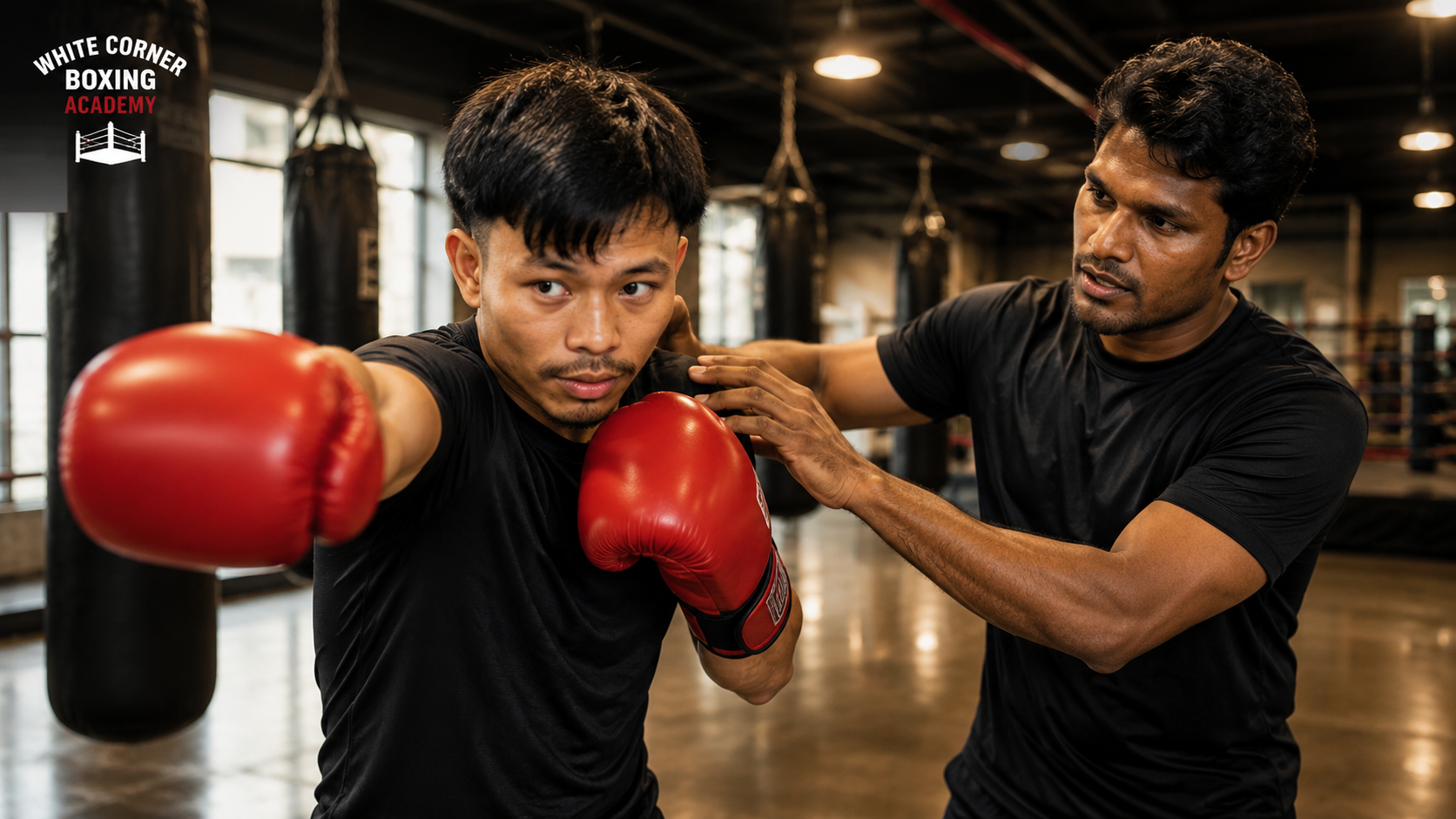 Boxing coach correcting a trainee's stance during a coaching session at White Corner Boxing Academy in Bangalore