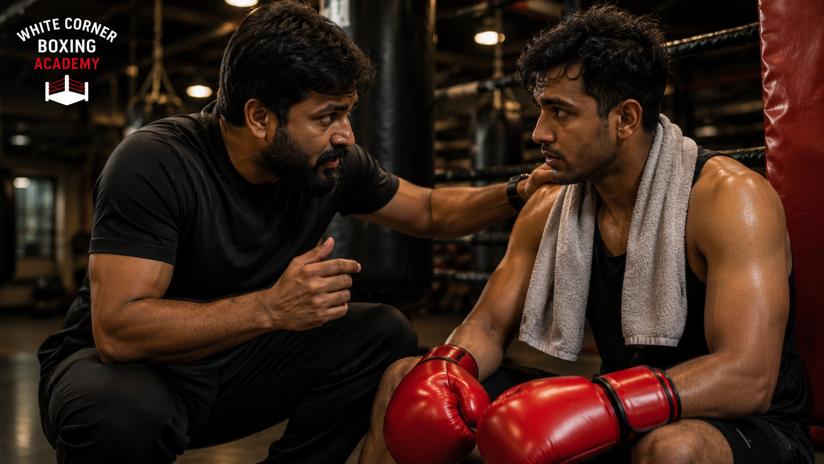 Boxing coach reviewing technique with a trainee between rounds at White Corner Boxing Academy in Bangalore