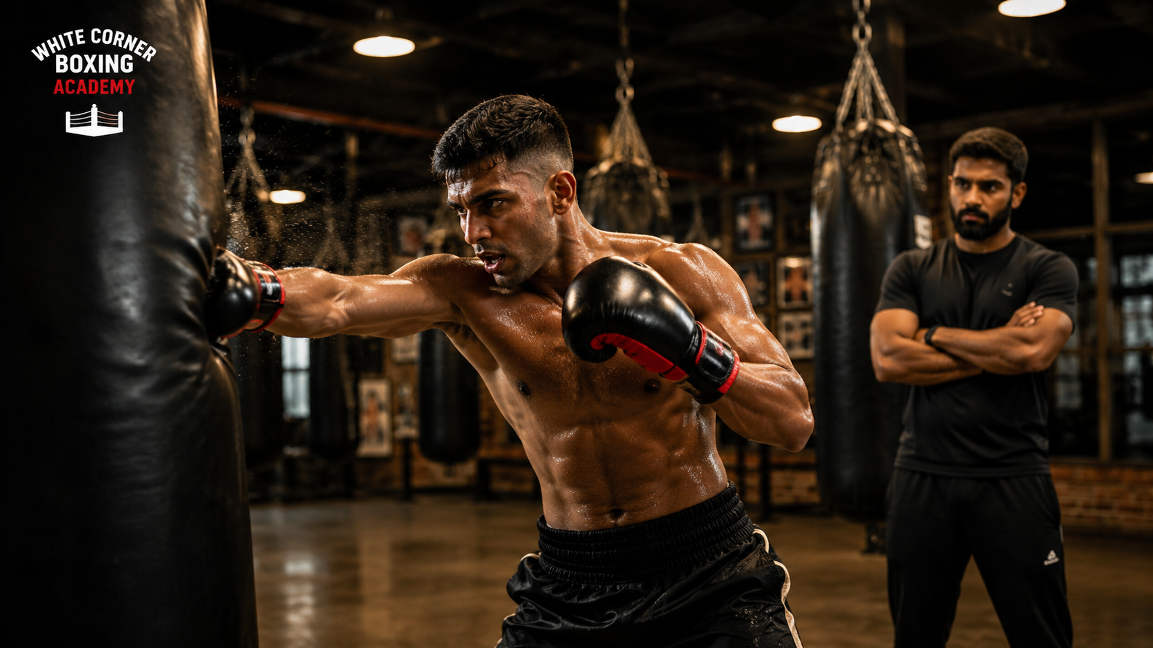 Boxing trainee working a heavy bag while a coach observes form at White Corner Boxing Academy in Bangalore