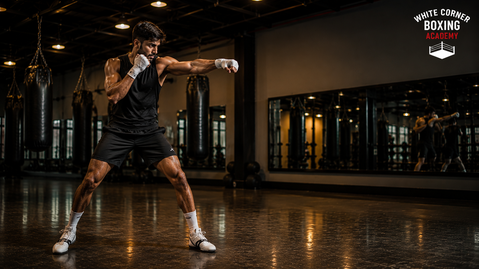 Boxer practising shadow boxing to build technique and conditioning at White Corner Boxing Academy in Bangalore