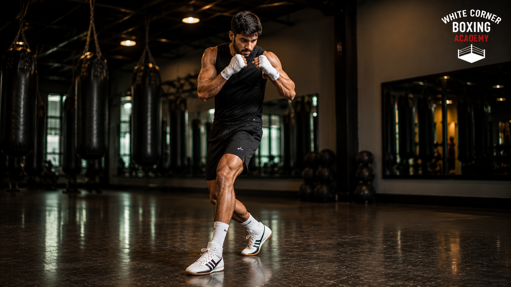 Boxer working footwork during shadow boxing practice at White Corner Boxing Academy in Bangalore